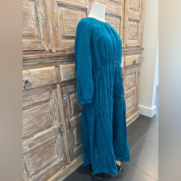 Sundry Teal Long Sleeve Flowy Midi Tiered Dress Subtle Stripes Boho Feminine - Picture 3 of 10